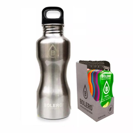 E1) Branded Silver Drink Set. Stainless-Steel Bottle and Box of 12 Flavours - BOLERO®