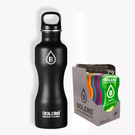 E2) Branded Black Drink Set. Stainless-Steel Bottle and Box of 12 Flavours  - BOLERO®